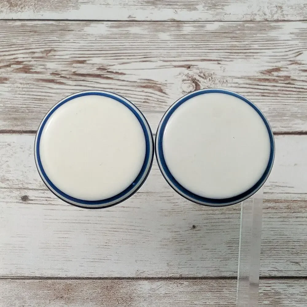 Vintage Clip On Earrings Large Cream & Blue Statement Circle